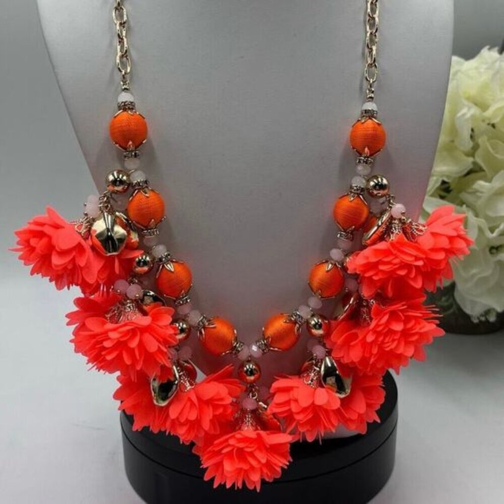 Lilly Pulitzer Tangero Orange Fabric Dangle Flowers Pink Beaded Long Necklace